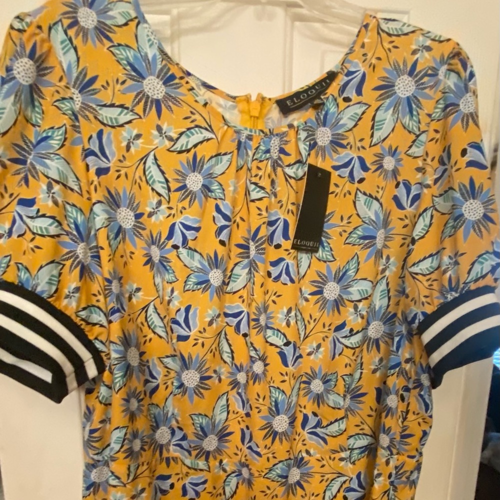 Eloquii Yellow Floral Midi Dress with Blue Blooms